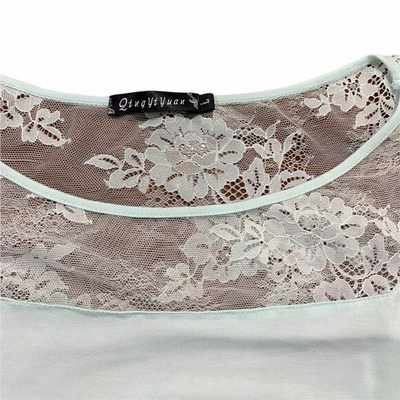 Ling Yi Yuan Mint Green Long Sleeve Stretchy Hi-Lo Top with Lace Panels Large - Picture 6 of 11